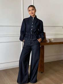 DAZY Women's Stand Collar Waist-Cinching Top And Loose Long Pants Casual Denim Set Fall - Dark Wash - View 5