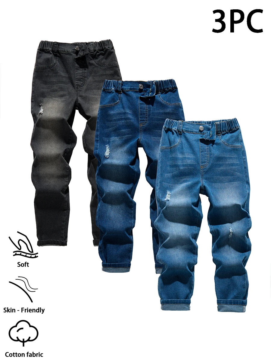 SHEIN Tween Boys Ripped Distressed Elastic Waist Stretch Denim Skinny Jeans 3 Pack For Daily Casual - Multicolor - View 1