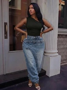 Slaydiva بنطلون جينز كاجوال مغسول بتصميم لف وساق مستدقة مقاس كبير - الأسود - مشاهدة 8