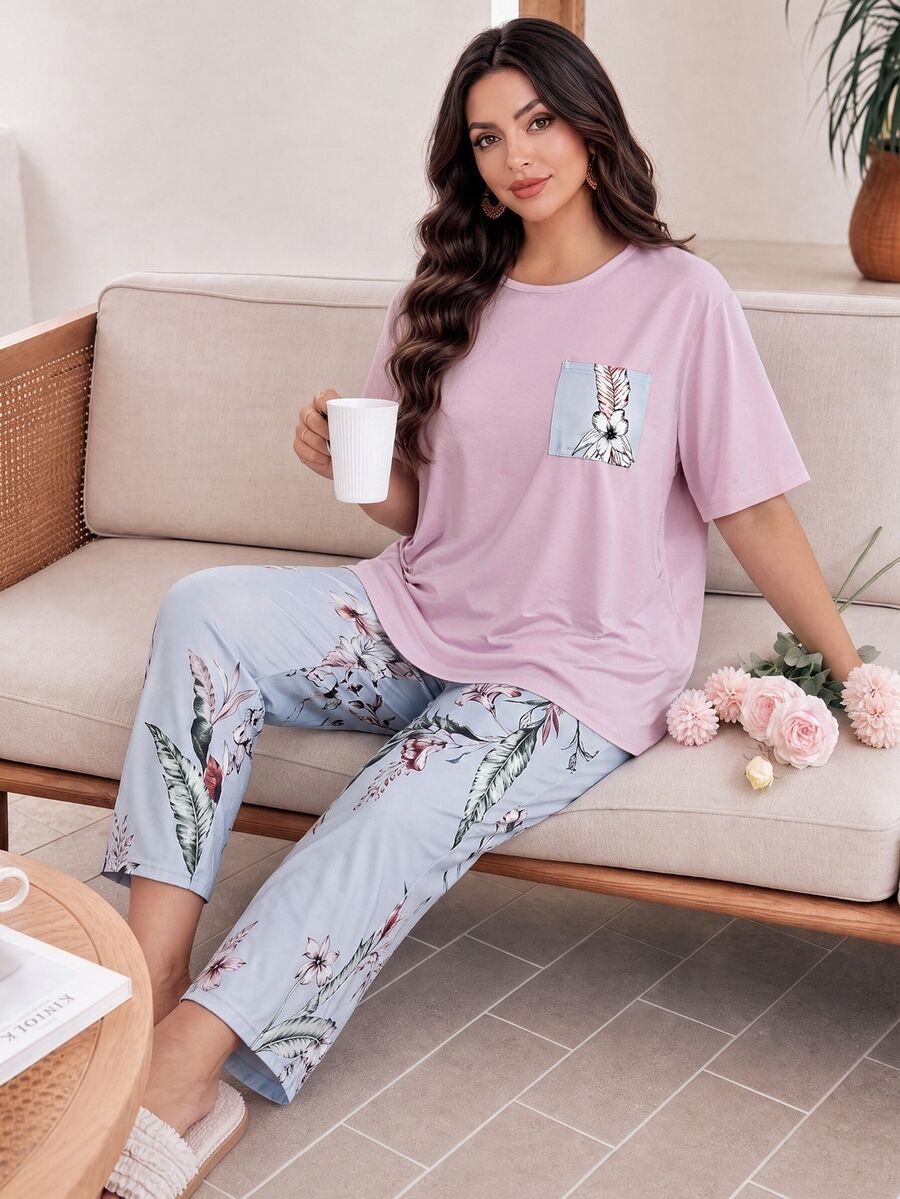 Serenescape Casual Floral Print Patch Pocket Short Sleeve Long Pants Plus Size Pajama Set - Multicolor - View 1