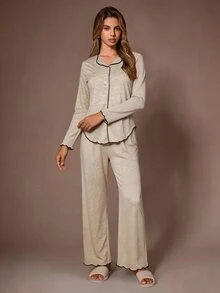 SHEIN Women's Casual Knit Ruffle Hem Asymmetrical Bottom Button Loungewear Pajama Set - Apricot - View 4