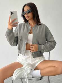 SHEIN Unity Women's Solid Color Dropped Shoulder Long Sleeve Single-Breasted Casual Utility Pocket Lightweight Baseball Jacket - Grey - View 4