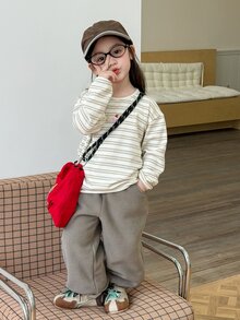 DAZY 2pcs/Set Baju Sweatshirt Lengan Panjang Bergaris Leher Bulat dan Celana Sweatpants untuk Bayi Perempuan (Musim Gugur) - Aprikot - View 9