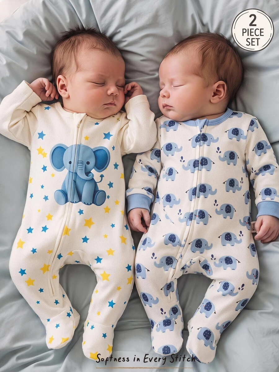 Cozy Pixies Newborn Baby Pajamas Cartoon Elephant Pattern Knitted Round Neck Long Sleeve Bodysuit And Pants 2 Pieces Set Loungewear - Blue - View 1