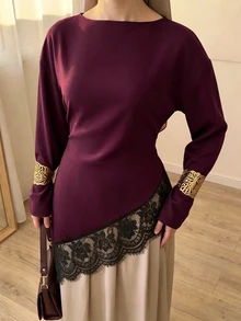 Celisse Atasan Wanita Lengan Panjang Model Longgar dengan Hem Asimetris dan Hiasan Renda, Model Baru untuk Awal Musim Gugur - Burgundy - View 4