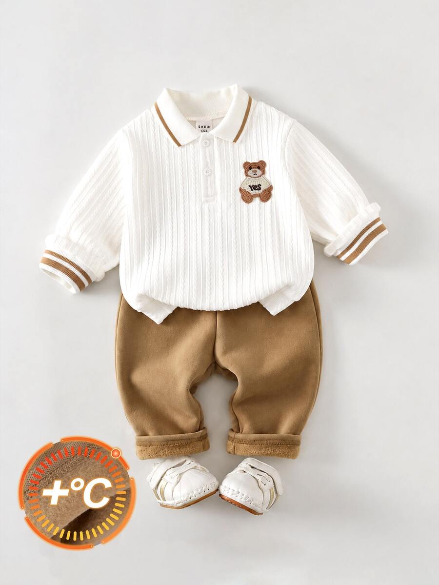 SHEIN Baby Boy Cartoon Bear Patchwork Lapel Long Sleeve Pullover Top & Elastic Waist Long Pants 2 Pieces Set - White - View 1