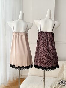 Moireta Women's Mature Elegant Floral Print, Leopard Print, Glossy Solid Color Satin Camisole Mini Nightgown 3-Piece Set - Multicolor - View 4