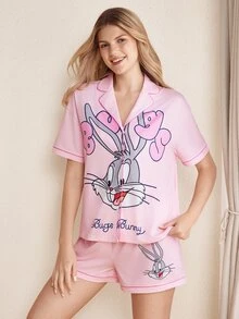 LOONEY TUNES X SHEIN Women's Letter Cartoon Pattern Short Sleeve Top And Shorts Pajama Set - Baby Pink - View 1