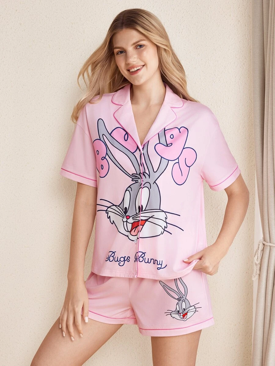 LOONEY TUNES X SHEIN Women's Letter Cartoon Pattern Short Sleeve Top And Shorts Pajama Set - Baby Pink - View 1