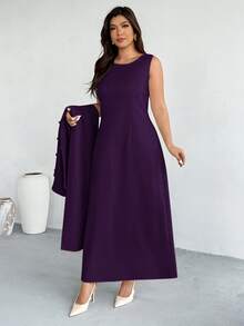 Firerie Set 2 Potong Jubah Panjang dan Gaun Kasual Warna Polos untuk Wanita Ukuran Besar - Purple - View 10