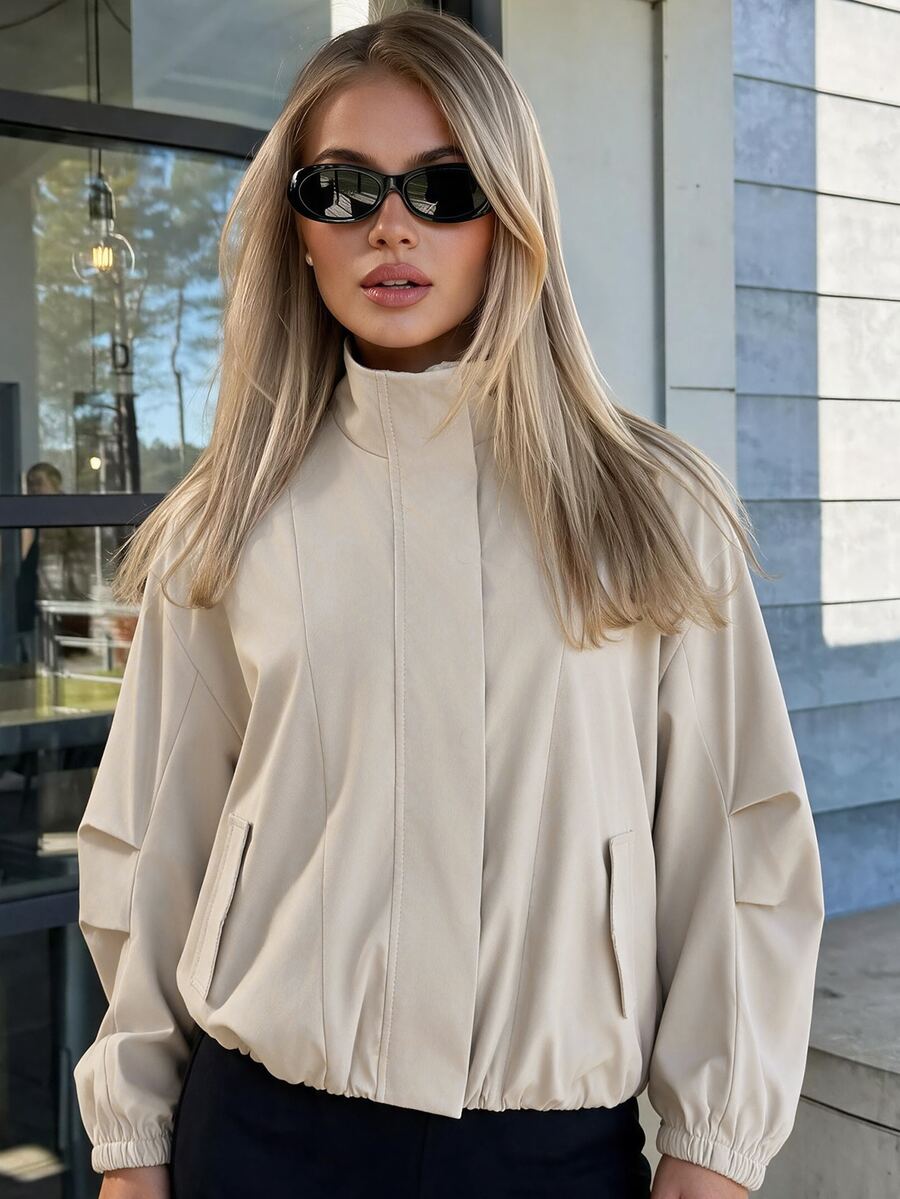 Avenya Women's Solid Color Stand Collar Fashion Versatile Daily Casual Long Sleeve Jacket - Khaki - View 1