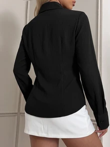 SHEIN EZwear 女款新款刺繡裝飾黑色修身長袖襯衫 - 黑色 - 查看 2