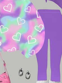 Tween女孩休閒極簡甜美可愛波點愛心漸層紮染紫色圓領長袖衛衣＋內搭褲兩件套，適合秋冬，舒適秋冬風格，情人節，Kawaii，Chill，Y2K - 彩色 - 查看 6