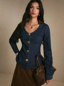 Poéselle جاكيت جينز نسائي مفصل ضيق مع زر عملة ذهبية ودرزة أميرة، ياقة V أنيقة - أزرق داكن - مشاهدة 7