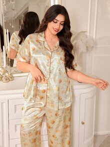 LuxeNights Floral Faux Silk Open Front Lapel Short Sleeve Plus Size Women's Pajama Set - Yellow - View 4