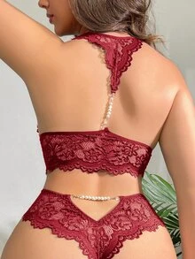 SHEIN 大尺碼女款花卉蕾絲露背仿珍珠裝飾內衣套裝 - 酒紅色 - 查看 1