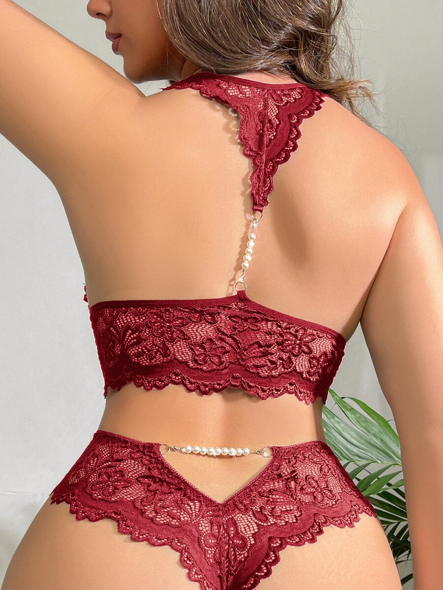SHEIN 大尺碼女款花卉蕾絲露背仿珍珠裝飾內衣套裝 - 酒紅色 - 查看 1