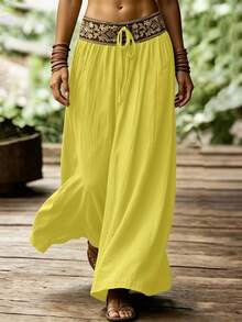 SHEIN Holidaya Damen-Rock mit Wellen-Falten, besticktem Blumenmuster und Band, geeignet für Frühling und Sommer, lässiger Alltag, eleganter Alltag, frischer Stil, Bürooutfit, vielseitiger Freizeitrock, lässige Urlaubs- und Strandkleidung, Country-Musik-Konzert-Outfit, Damen-Sommerurlaubs-Outfit, grüner Rock, Juni-Festival-Party-Rock - Gelb - Übersicht 7