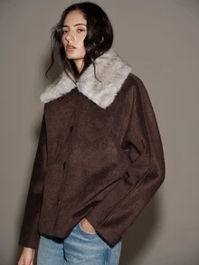 Anewsta Essential Women's Fall Winter Elegant Casual Loose Dark Brown Wool Blend Overcoat For Business Office Going Out - Coffee Brown - View 4