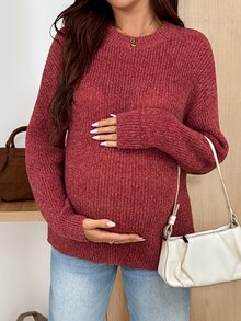 SHEIN Sweater Hamil Lengan Panjang Warna Polos Kasual Serbaguna untuk Pemakaian Sehari-hari di Musim Dingin - Merah - View 4