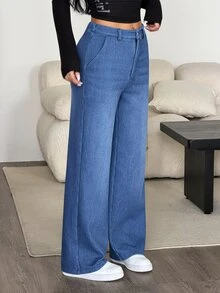 SHEIN PETITE 女款休閒街頭風牛仔褲，口袋鈕扣設計，秋季優雅正式 Y2K 可愛時尚，萬聖節毛茸茸抓絨，PETITE 尺碼，校園日常穿搭，水藍色 - 藍色 - 查看 7