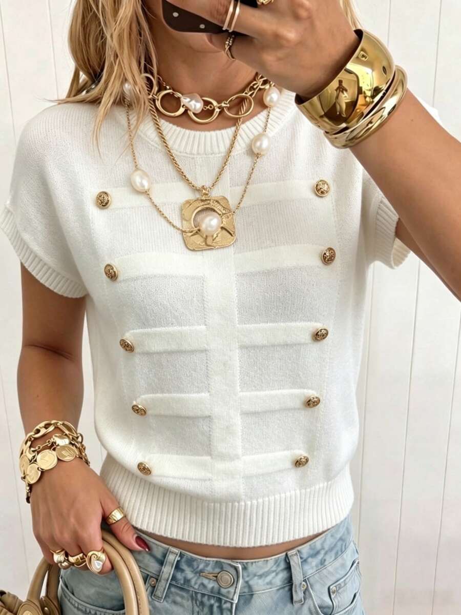 Modelyn Elegant Elegant Metal Button Design Solid Color Round Neck Pullover Fashion Versatile Minimalist Loose Drop Shoulder Short Sweater - White - View 1