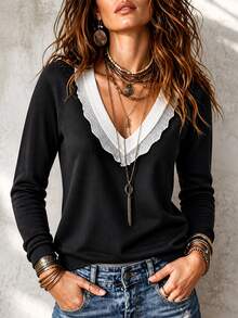 SHEIN Women's Contrast Color V-Neck Long Sleeve Casual Versatile Sweater - Black - View 4