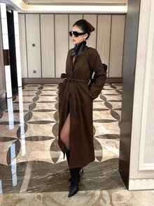 Livesso Brown Lapel Leather Patchwork Lace-Up Belt Slim Fit Long Sleeve Elegant Fashion Mid-Length Overcoat - Coffee Brown - View 4