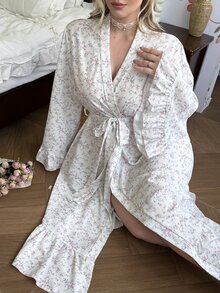 CottageSlumber Gentle Ditsy Floral Digital Print V-Neck Tie Ruffle Trim Women's Plus Size Nightgown - Multicolor - View 4