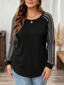 Comfylo Striped Plus Size Women's Casual Raglan Sleeve Round Neck Loose Fit T-Shirt Suitable For Spring And Autumn - Multicolor - View 3
