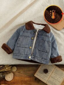 SHEIN Vintaside Kids 男嬰秋冬加厚保暖夾棉外套，毛領時尚夾克，適合寒冷天氣的嬰兒外套 - 彩色 - 查看 1