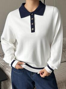 Livesso Contrast Color Patchwork Polo Collar Fun Commuter Business Casual Spring Autumn New Sweater Top - Beige - View 8