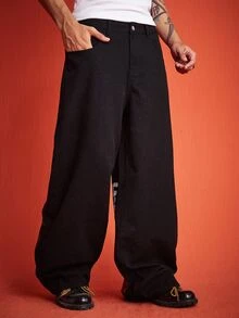 ROMWE MEN Street Life 男士休閒水洗刺繡寬腿牛仔褲 - 黑色 - 查看 4