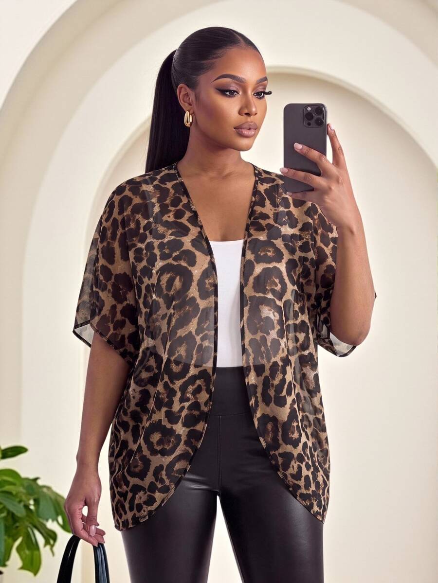 SHEIN Lady Plus Size Women's Leopard Print Short Sleeve Open Front Casual Jacket - Multicolor - View 1