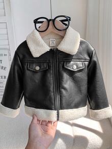 SHEIN 女嬰秋冬百搭可愛街頭風黑色保暖內裡拼色PU夾克外套 - 黑色 - 查看 7
