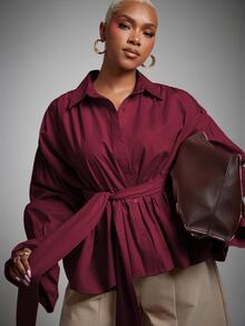 Vixey Two-Way Worn Solid Woven Pointed Collar Ruffle Cuff Button Down Blouse - Burgundy - View 3