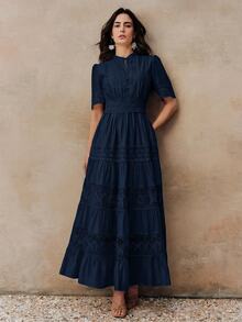Anewsta Solid Color Elegant Lace Patchwork Round Neck Waist-Cinching Hollow Crochet Short Sleeve Flared Women's Dress - Navy Blue - View 6