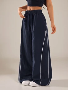 SHEIN PETITE Women's Autumn/Winter Street Style Vintage Holiday Outing Back To School Basic Black Wide Leg Pants, Essential For Daily Wear - Navy Blue - View 9