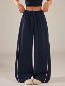 SHEIN PETITE Women's Autumn/Winter Street Style Vintage Holiday Outing Back To School Basic Black Wide Leg Pants, Essential For Daily Wear - Navy Blue - View 4