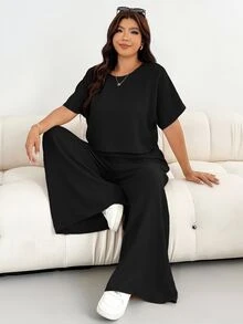 Shapeblank 大尺碼女款春夏時尚休閒寬鬆涼爽舒適日常百搭顯瘦杏色短版上衣與寬腿褲2件套，極簡風，度假穿搭，褲裝套裝，外出服飾，歐式夏季 - 黑色 - 查看 5