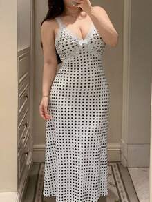 Dazy Plus Polka Dot Print Contrast Color Lace Patchwork Waist-Cinching Spaghetti Strap Long Dress Nightgown - White - View 5