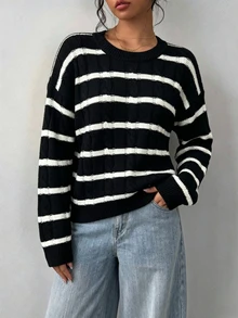 SHEIN Girlism 青少年女孩校園復古學院風黑白條紋長袖圓領秋季毛衣 - 黑色 - 查看 1