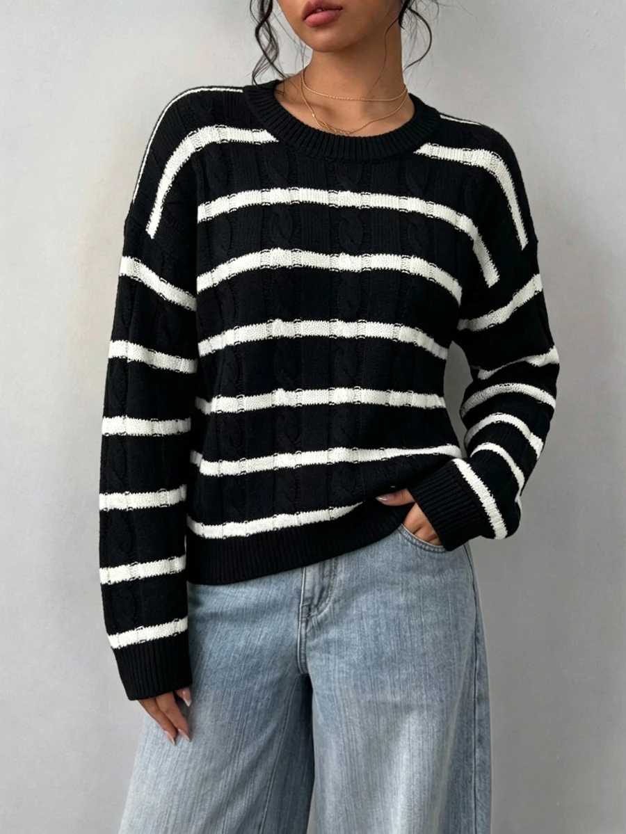 SHEIN Girlism 青少年女孩校園復古學院風黑白條紋長袖圓領秋季毛衣 - 黑色 - 查看 1
