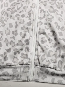 SHEIN 青少年女孩休閒淺灰色豹紋印花前拉鍊連帽衛衣外套 - 淺灰色 - 查看 6