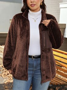 Comfylo Plus Size Casual Reversible Fleece Patchwork Jacket For Winter Winter Clothes - Brown - View 6