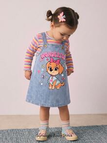 Baby Girl Colorful Striped Round Neck Long Sleeve Pullover Top & Floral Pattern Suspender Dress 2-Piece Set - Blue - View 4