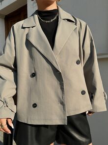 Dazy Plus Double-Breasted Design Autumn New Style Lapel Long Sleeve Loose Fit Trench Coat Jacket - Grey - View 6