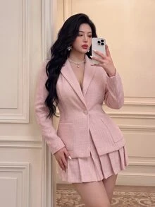 Vibekara Plus Size Women's Lapel NeckLong Sleeve Blazer And Pleated Skirt Set, Pink, Commuter Chic, Early Autumn - Baby Pink - View 6