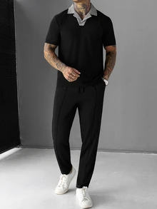 Manfinity CasualCool 男士夏季休閒格紋領 Polo 衫與長褲套裝 - 黑色 - 查看 5