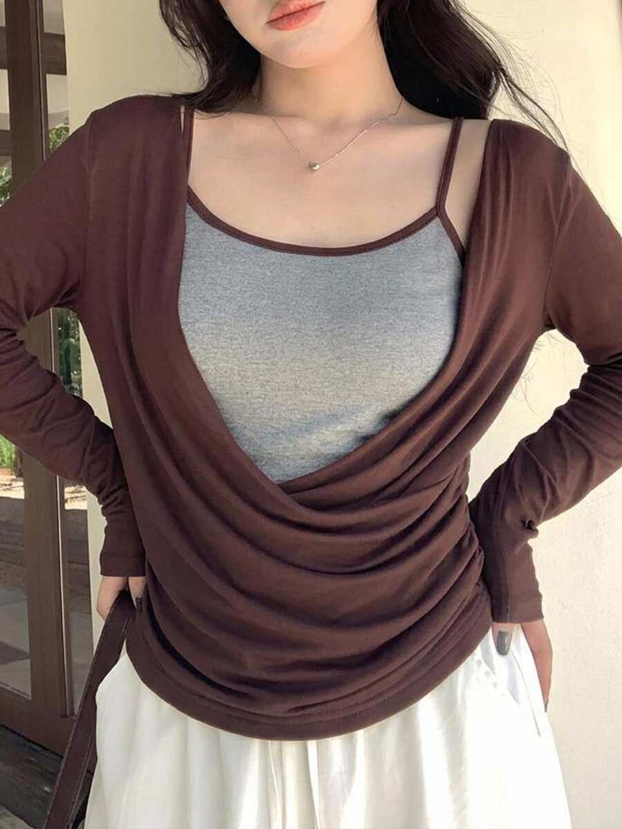 Dazy Plus 拼色細肩帶背心與長袖休閒優雅層次穿搭兩件組 春/秋新款 T-shirt - 棕色 - 查看 1